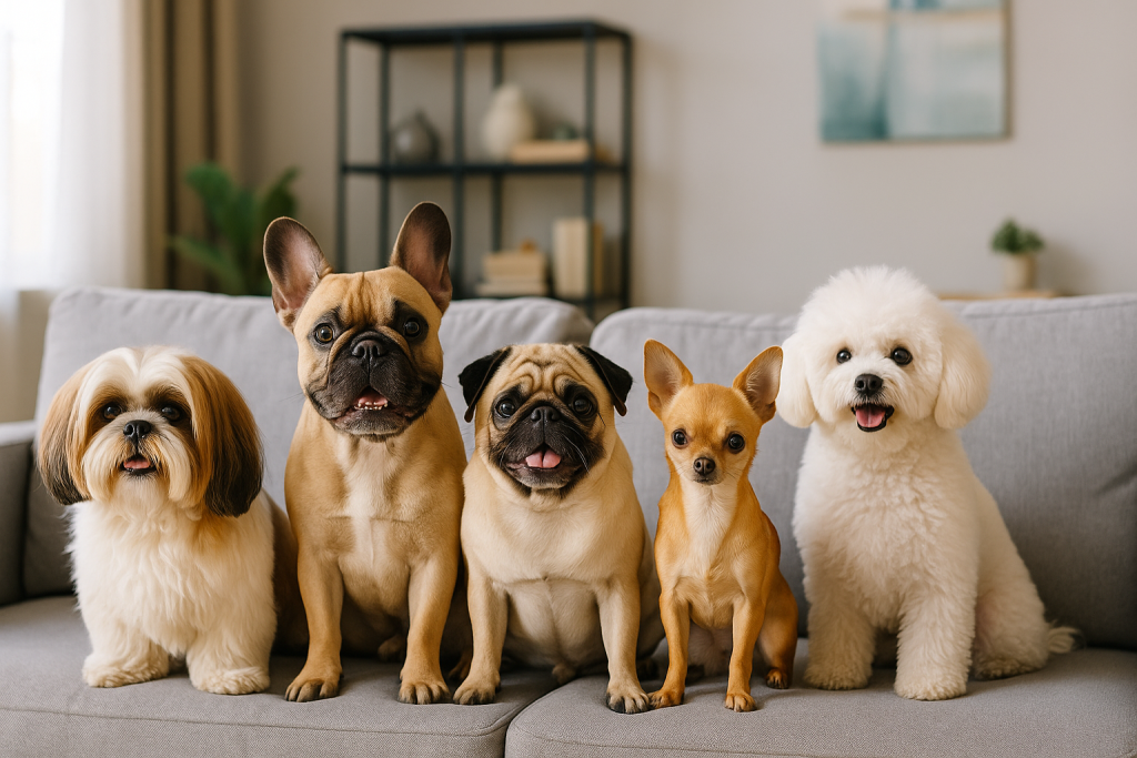 Shih Tzu, Bulldog Francés, Pug, Chihuahua y Bichón Frisé sentados en un sofá dentro de un departamento moderno en Perú.